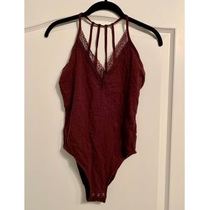 Maroon Strappy Bodysuit with Lace Trim